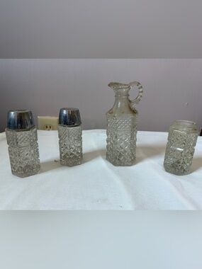 Vintage Pressed Glass Cruet & Shaker Set | Retro Diamond Pattern Kitchen Decor